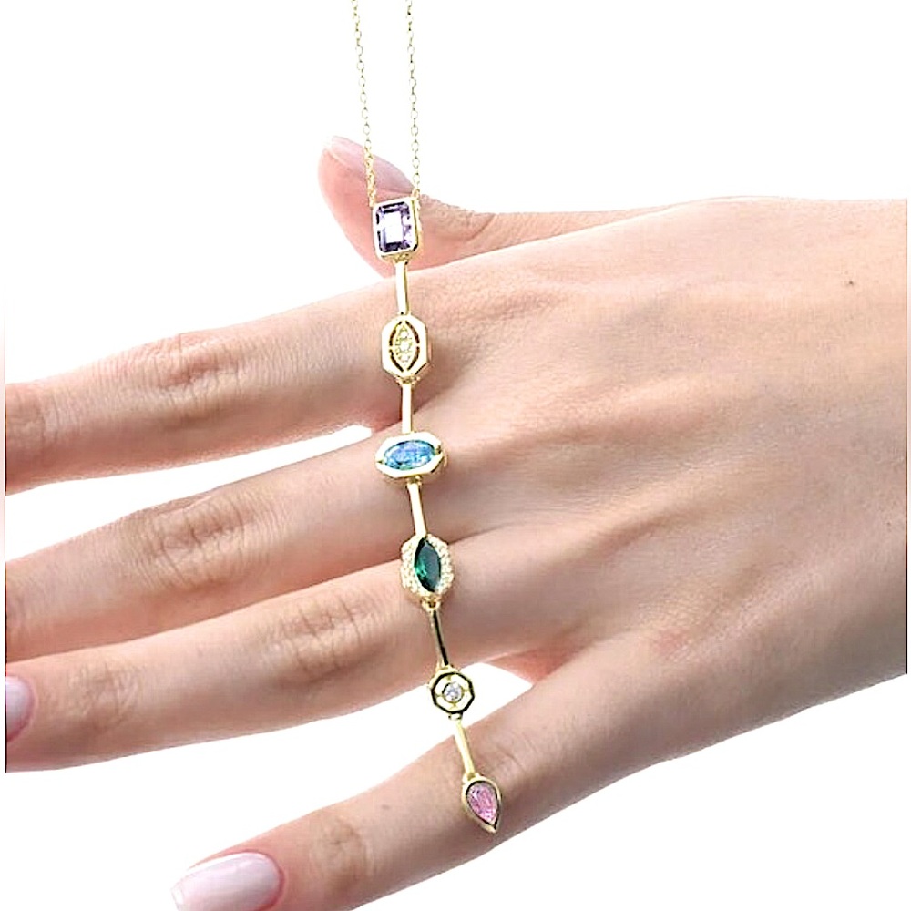Gold Plated Stainless Steel Multicolor Zircon Tier Necklace Statement - Picture 9 of 17